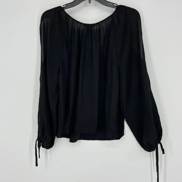 H&M Blouse Women's 4 Black Sheer Keyhole Round Neck Front Tie Split Long Sleeves - Picture 2 of 7
